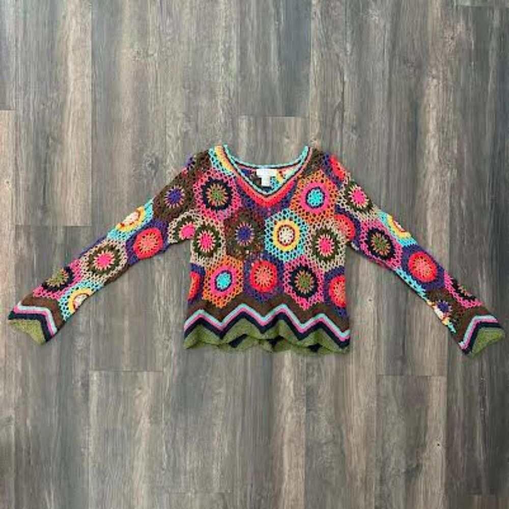 Vintage Express Tricot Open Knit Sweater Bright Floral Patchwork V-Neck Size Lg - Picture 8 of 8